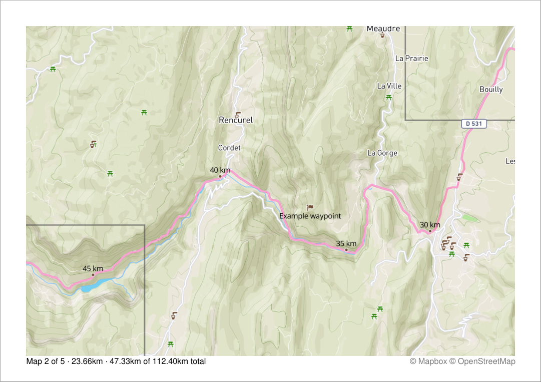 A typical page
showing the track, distance markers and the overlaps of previous and next map
pages as well as some overall stats. Here, an example waypoint and markers for
drinking water and picnic sites are added as well. (Highly reduced image
quality)